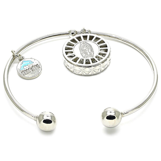 Rhodium Gold Filled Individual Bangle, Guadalupe and Dolphin Design, with White Cubic Zirconia, Diamond Cutting Finish, Rhodium Finish