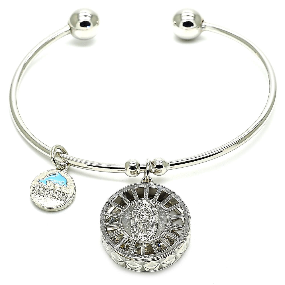 Rhodium Gold Filled Individual Bangle, Guadalupe and Dolphin Design, with White Cubic Zirconia, Diamond Cutting Finish, Rhodium Finish