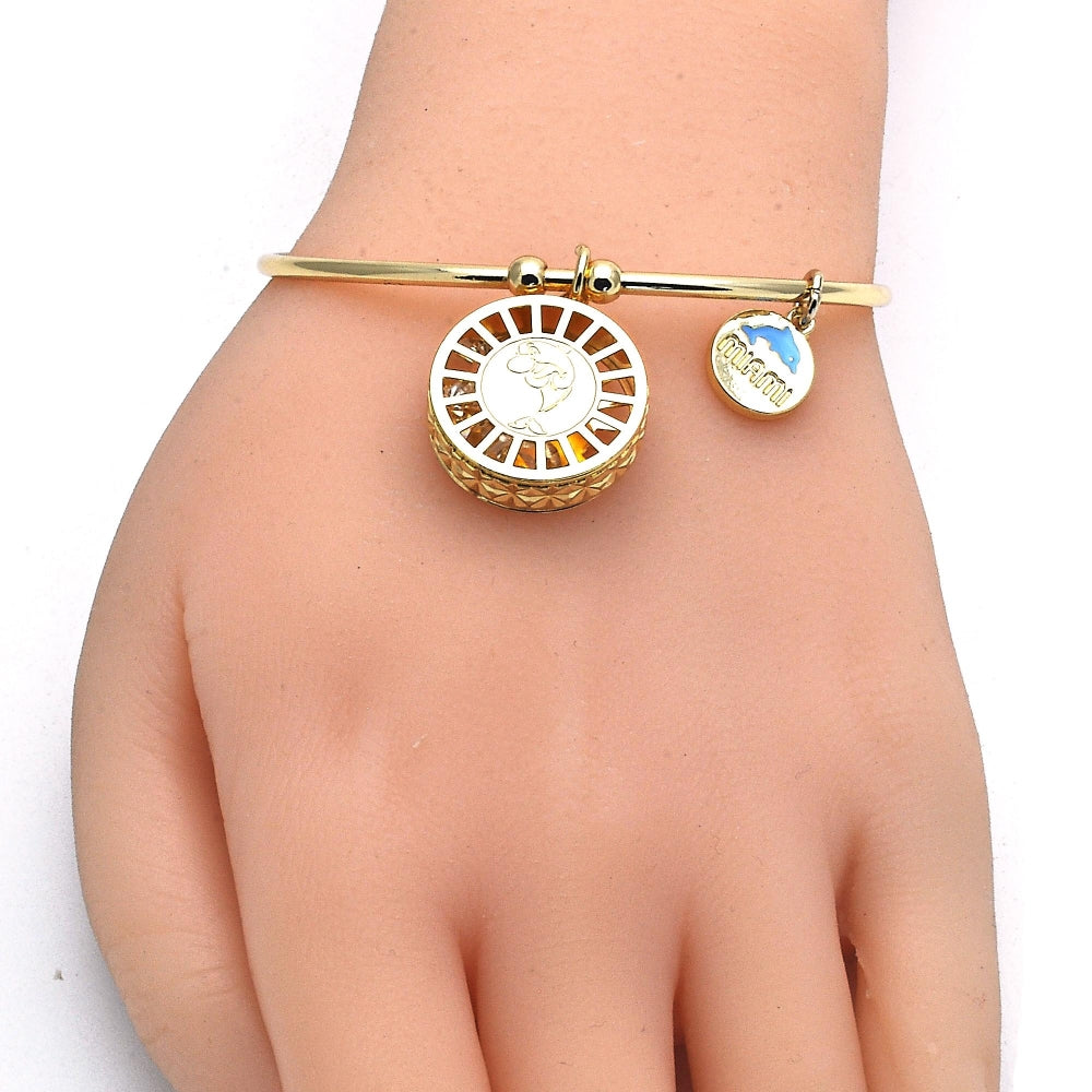 Oro Laminado Individual Bangle, Gold Filled Style Dolphin Design, with White Cubic Zirconia, Diamond Cutting Finish, Golden Finish