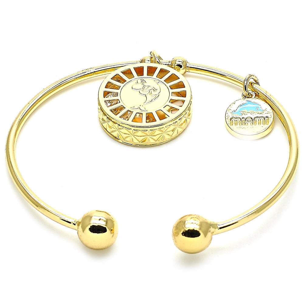 Oro Laminado Individual Bangle, Gold Filled Style Dolphin Design, with White Cubic Zirconia, Diamond Cutting Finish, Golden Finish