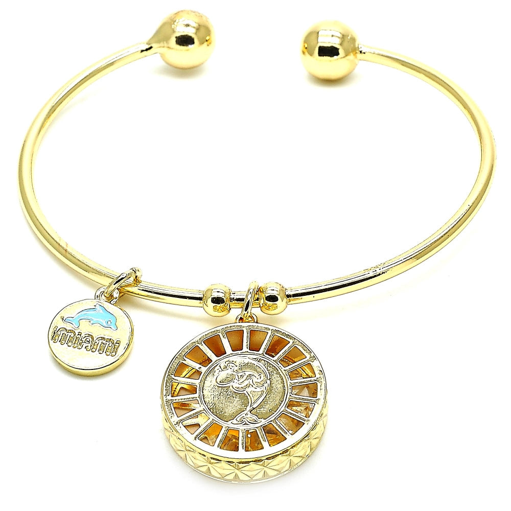 Oro Laminado Individual Bangle, Gold Filled Style Dolphin Design, with White Cubic Zirconia, Diamond Cutting Finish, Golden Finish