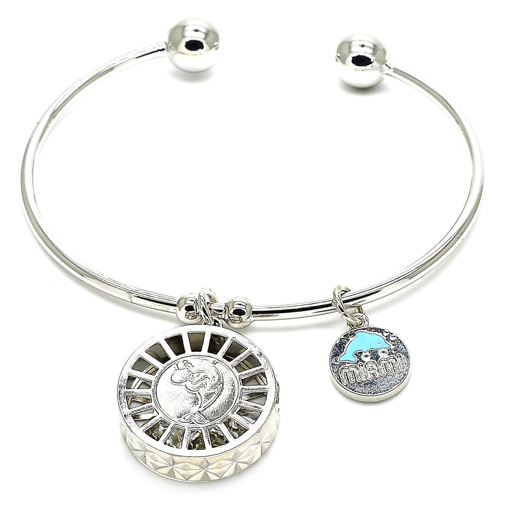 Rhodium Gold Filled Individual Bangle, Dolphin Design, with White Cubic Zirconia, Diamond Cutting Finish, Rhodium Finish