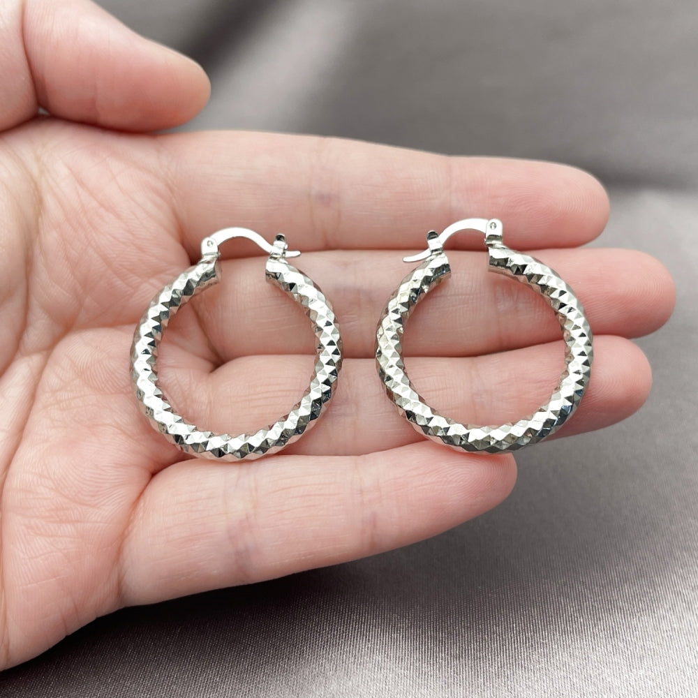 Rhodium Gold Filled Medium Hoop, Diamond Cutting Finish, Rhodium Finish