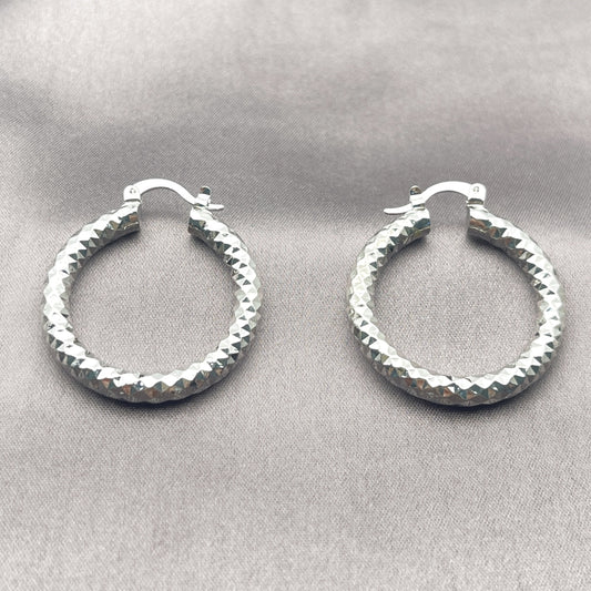 Rhodium Gold Filled Medium Hoop, Diamond Cutting Finish, Rhodium Finish