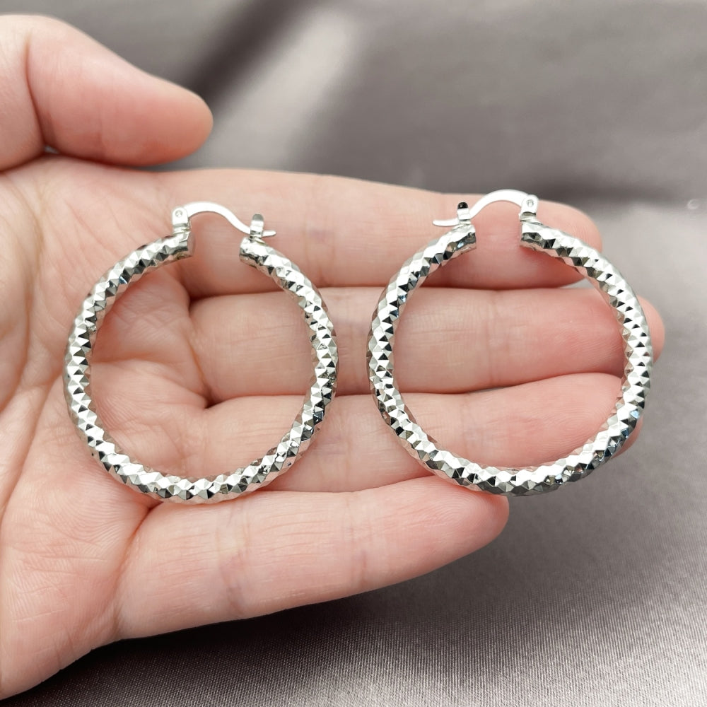 Rhodium Gold Filled Medium Hoop, Diamond Cutting Finish, Rhodium Finish