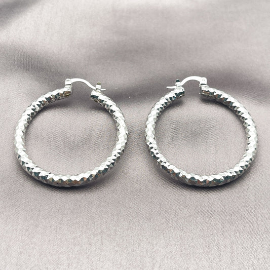 Rhodium Gold Filled Medium Hoop, Diamond Cutting Finish, Rhodium Finish