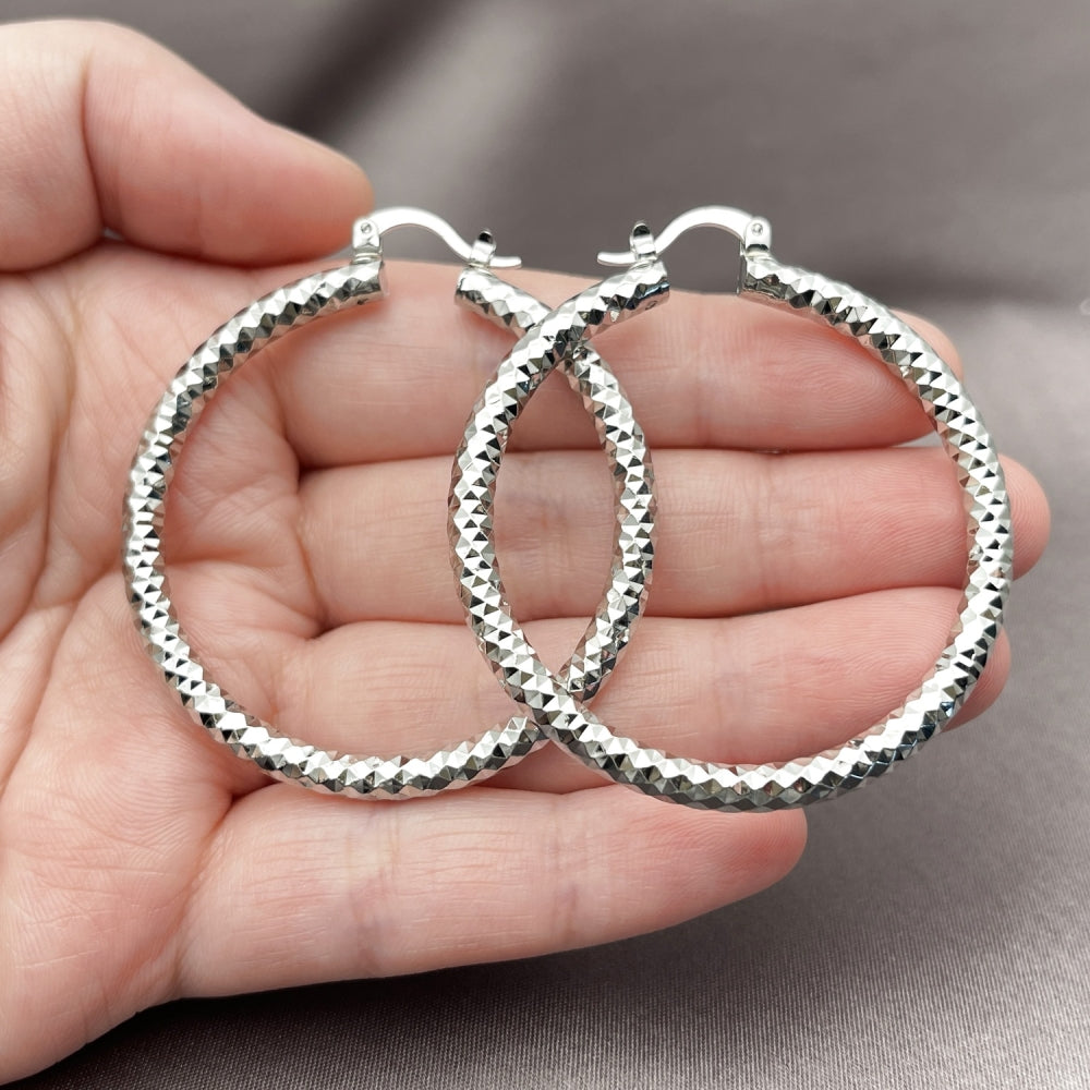 Rhodium Gold Filled Large Hoop, Diamond Cutting Finish, Rhodium Finish