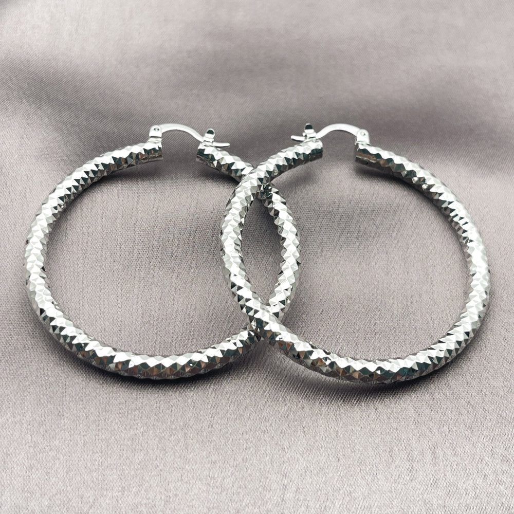 Rhodium Gold Filled Large Hoop, Diamond Cutting Finish, Rhodium Finish