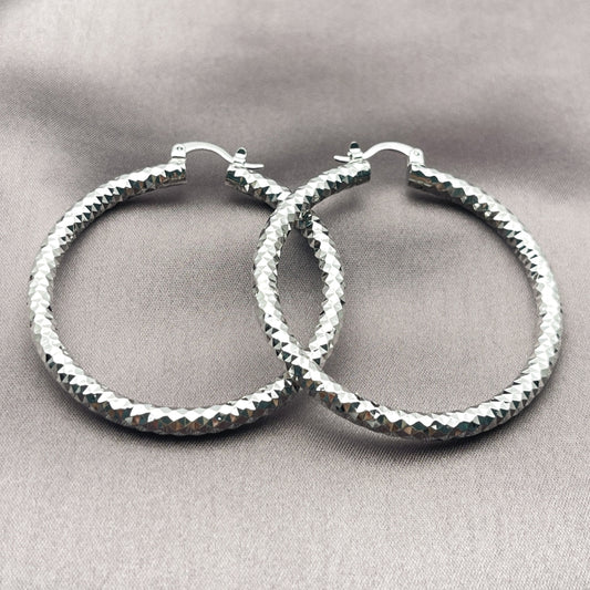 Rhodium Gold Filled Large Hoop, Diamond Cutting Finish, Rhodium Finish