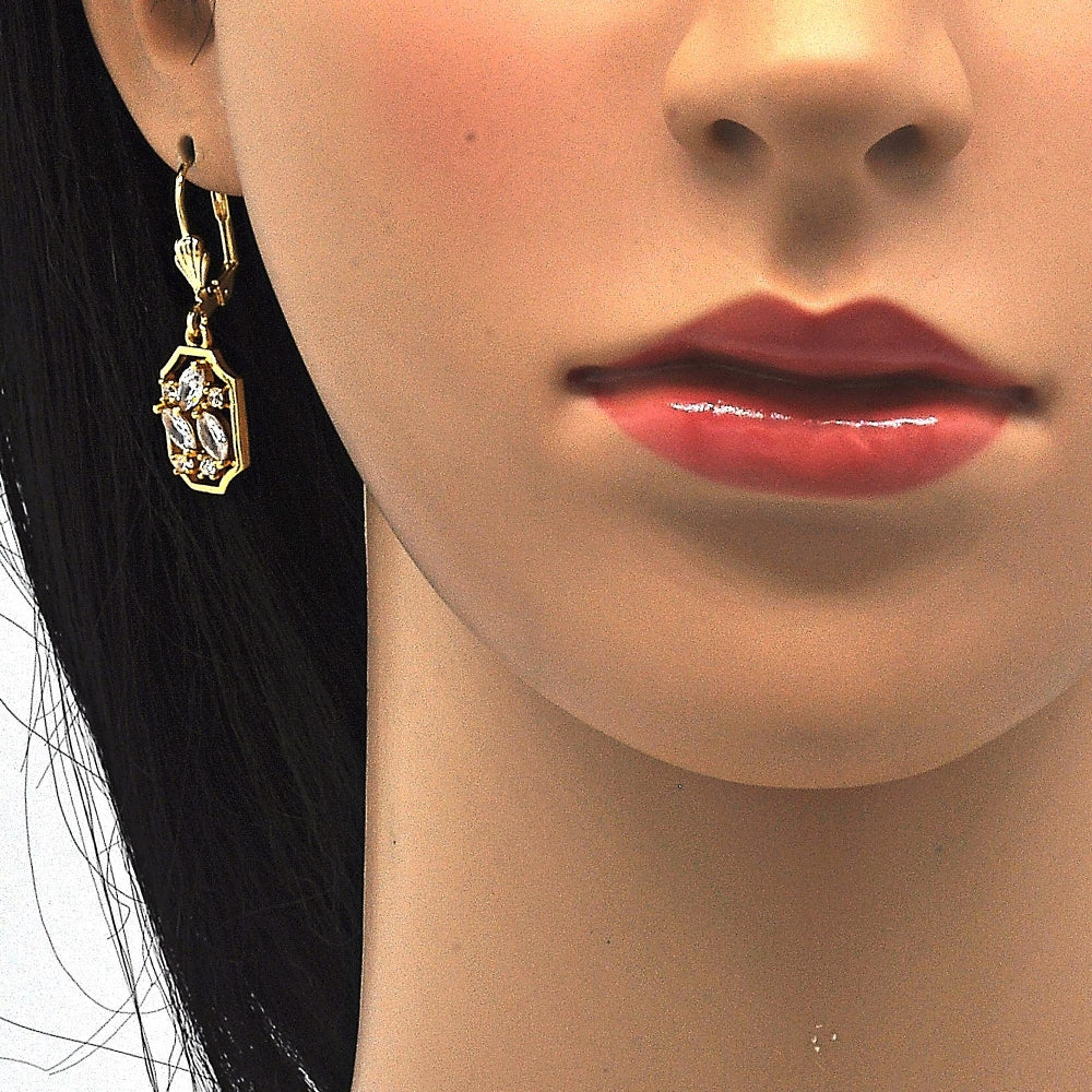 Oro Laminado Earring and Pendant Adult Set, Gold Filled Style with White Cubic Zirconia, Polished, Golden Finish