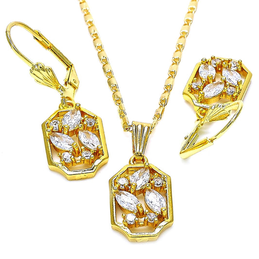 Oro Laminado Earring and Pendant Adult Set, Gold Filled Style with White Cubic Zirconia, Polished, Golden Finish
