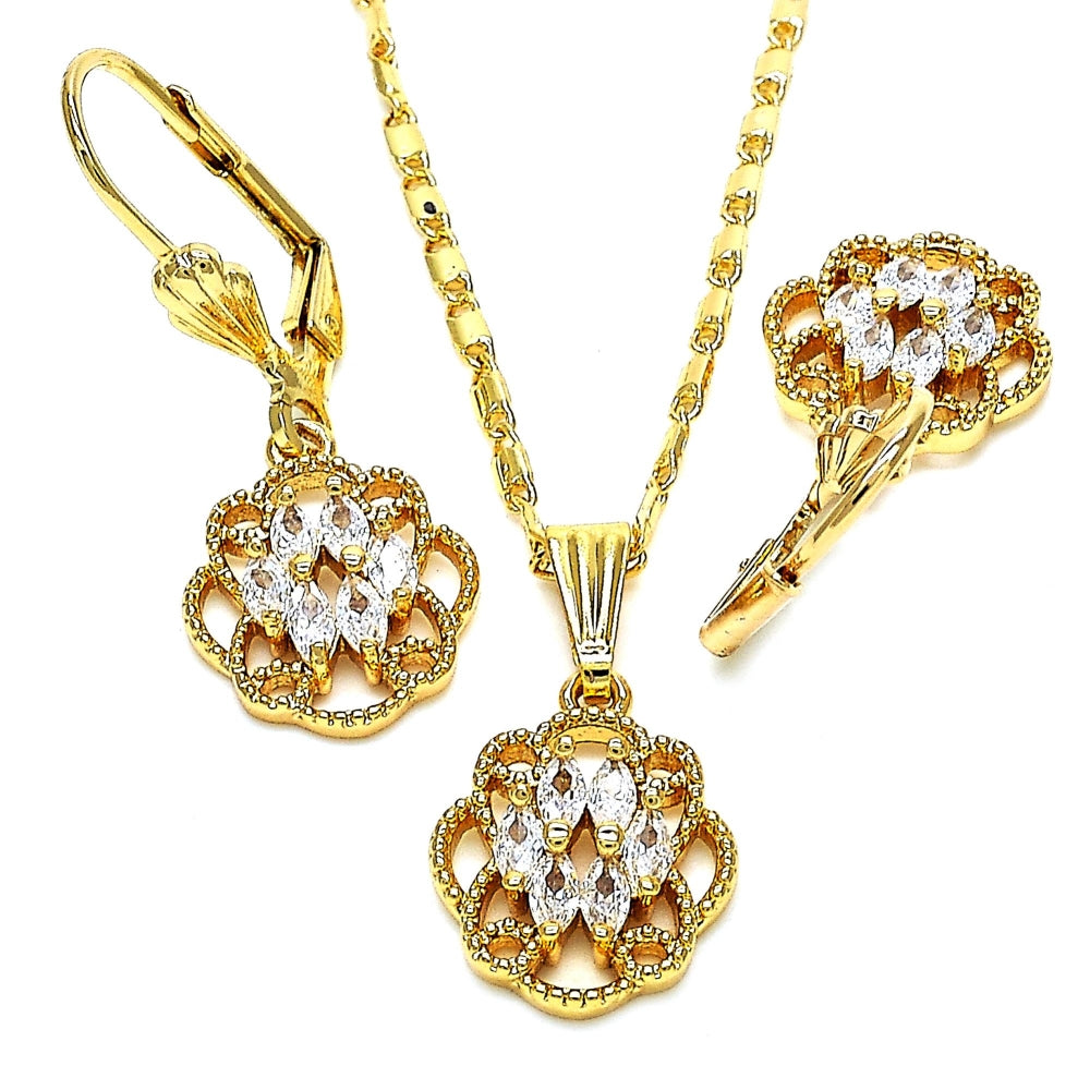 Oro Laminado Earring and Pendant Adult Set, Gold Filled Style with White Cubic Zirconia, Polished, Golden Finish