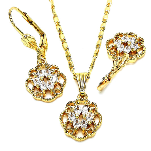 Oro Laminado Earring and Pendant Adult Set, Gold Filled Style with White Cubic Zirconia, Polished, Golden Finish