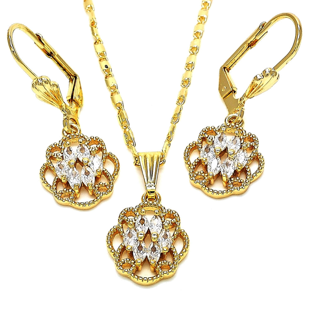 Oro Laminado Earring and Pendant Adult Set, Gold Filled Style with White Cubic Zirconia, Polished, Golden Finish