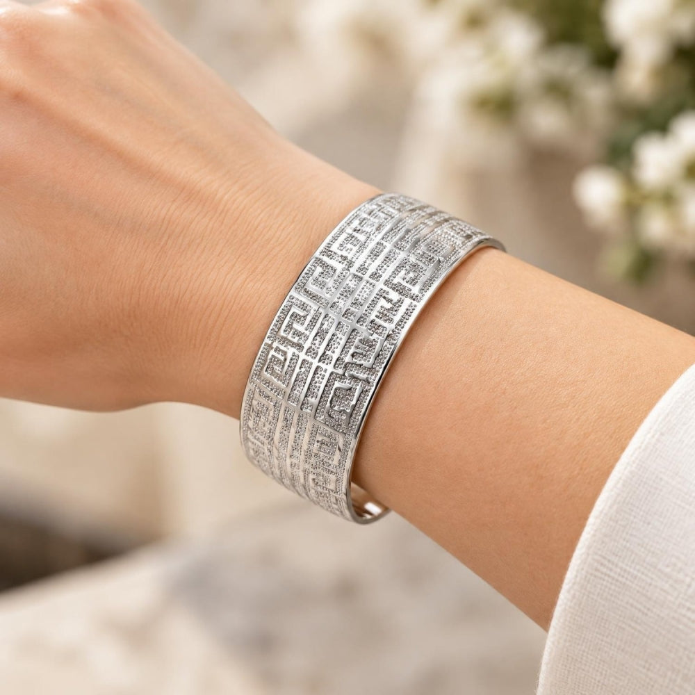 White Gold Filled Individual Bangle, Greek Key Design, Polished, Rhodium Finish