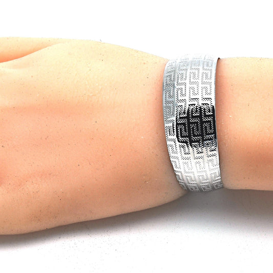 Rhodium Gold Filled Individual Bangle, Greek Key Design, Polished, Rhodium Finish