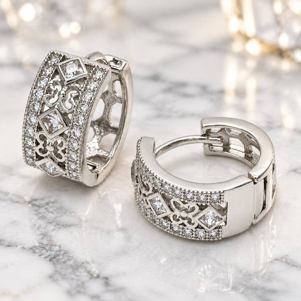 White Gold Filled Huggie Hoop, Butterfly Design, with White Cubic Zirconia, Polished, Rhodium Finish