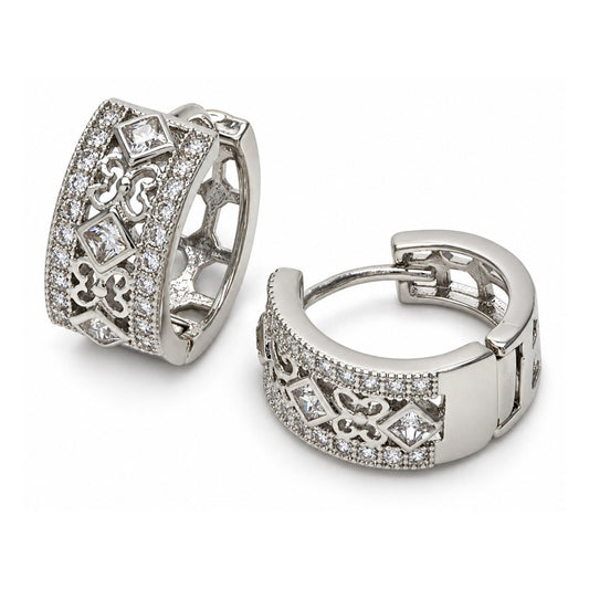 White Gold Filled Huggie Hoop, Butterfly Design, with White Cubic Zirconia, Polished, Rhodium Finish