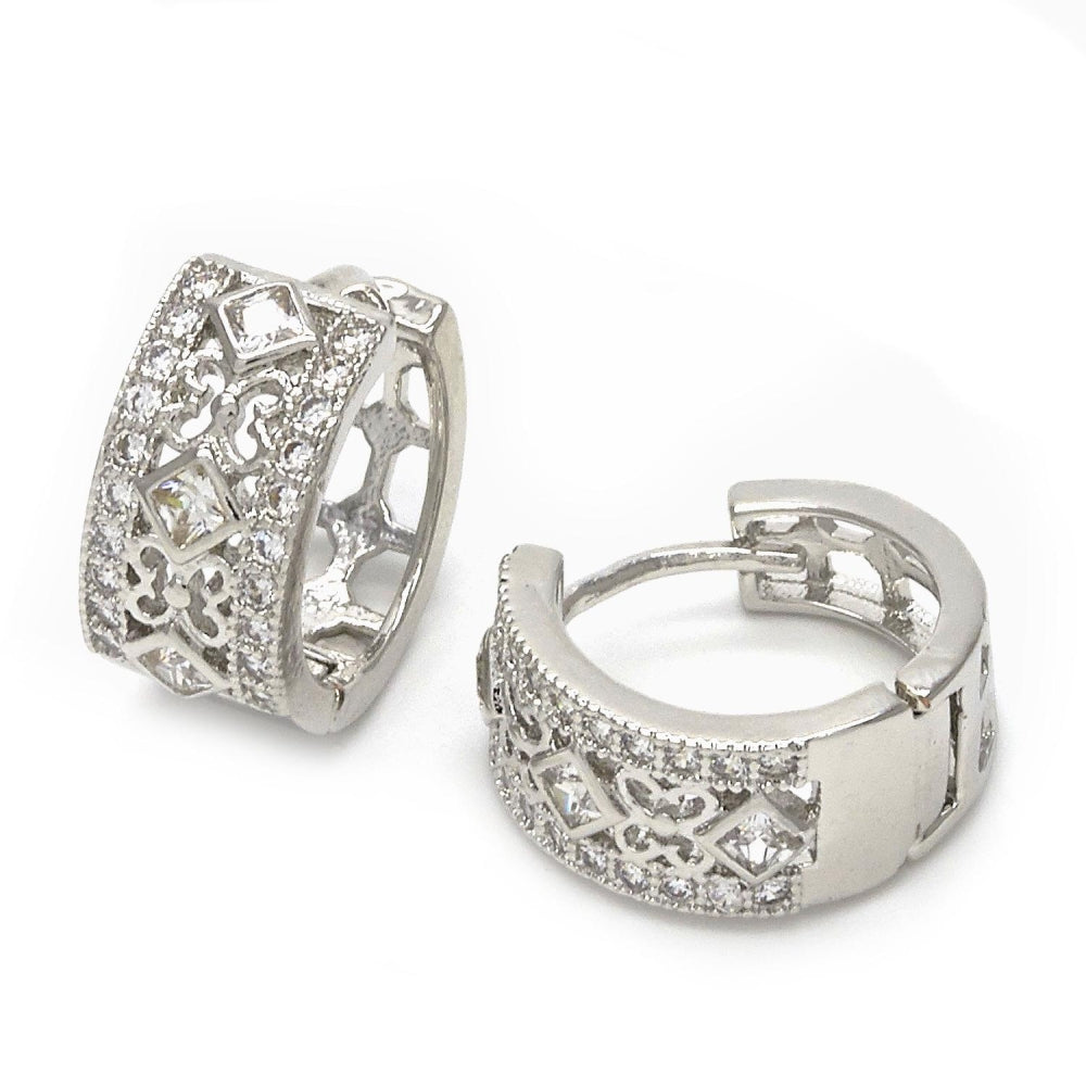 Rhodium Gold Filled Huggie Hoop, Butterfly Design, with White Cubic Zirconia, Polished, Rhodium Finish