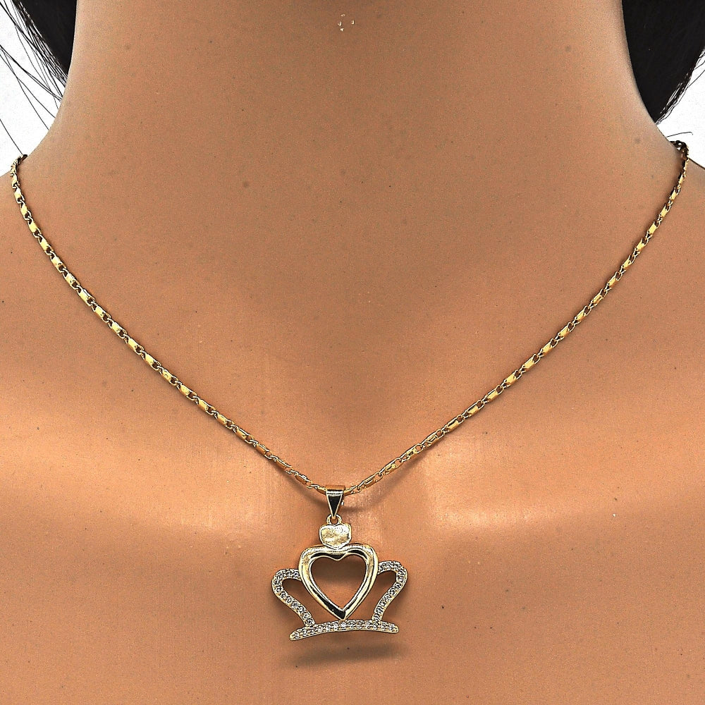 Oro Laminado Earring and Pendant Adult Set, Gold Filled Style Crown and Heart Design, with White Cubic Zirconia, Polished, Golden Finish