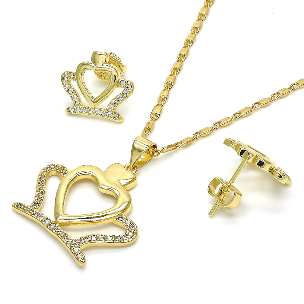 Oro Laminado Earring and Pendant Adult Set, Gold Filled Style Crown and Heart Design, with White Cubic Zirconia, Polished, Golden Finish
