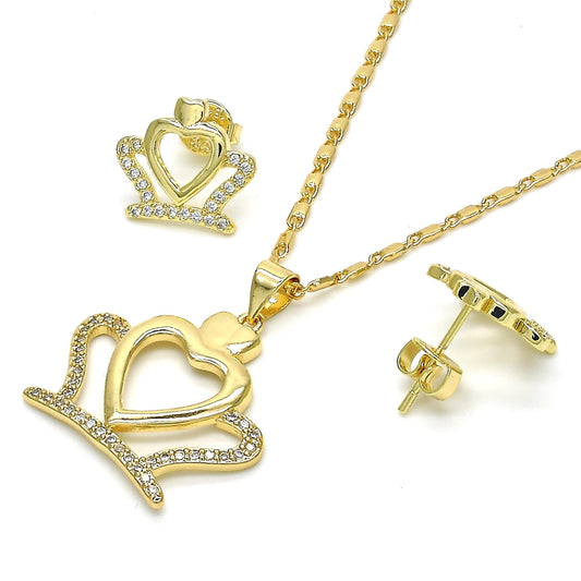Oro Laminado Earring and Pendant Adult Set, Gold Filled Style Crown and Heart Design, with White Cubic Zirconia, Polished, Golden Finish