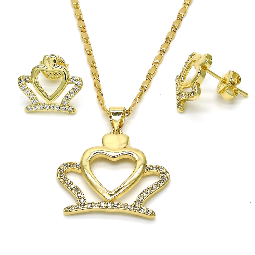 Oro Laminado Earring and Pendant Adult Set, Gold Filled Style Crown and Heart Design, with White Cubic Zirconia, Polished, Golden Finish
