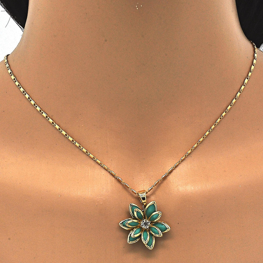 Oro Laminado Earring and Pendant Adult Set, Gold Filled Style Flower Design, with Turquoise and White Crystal, Polished, Golden Finish