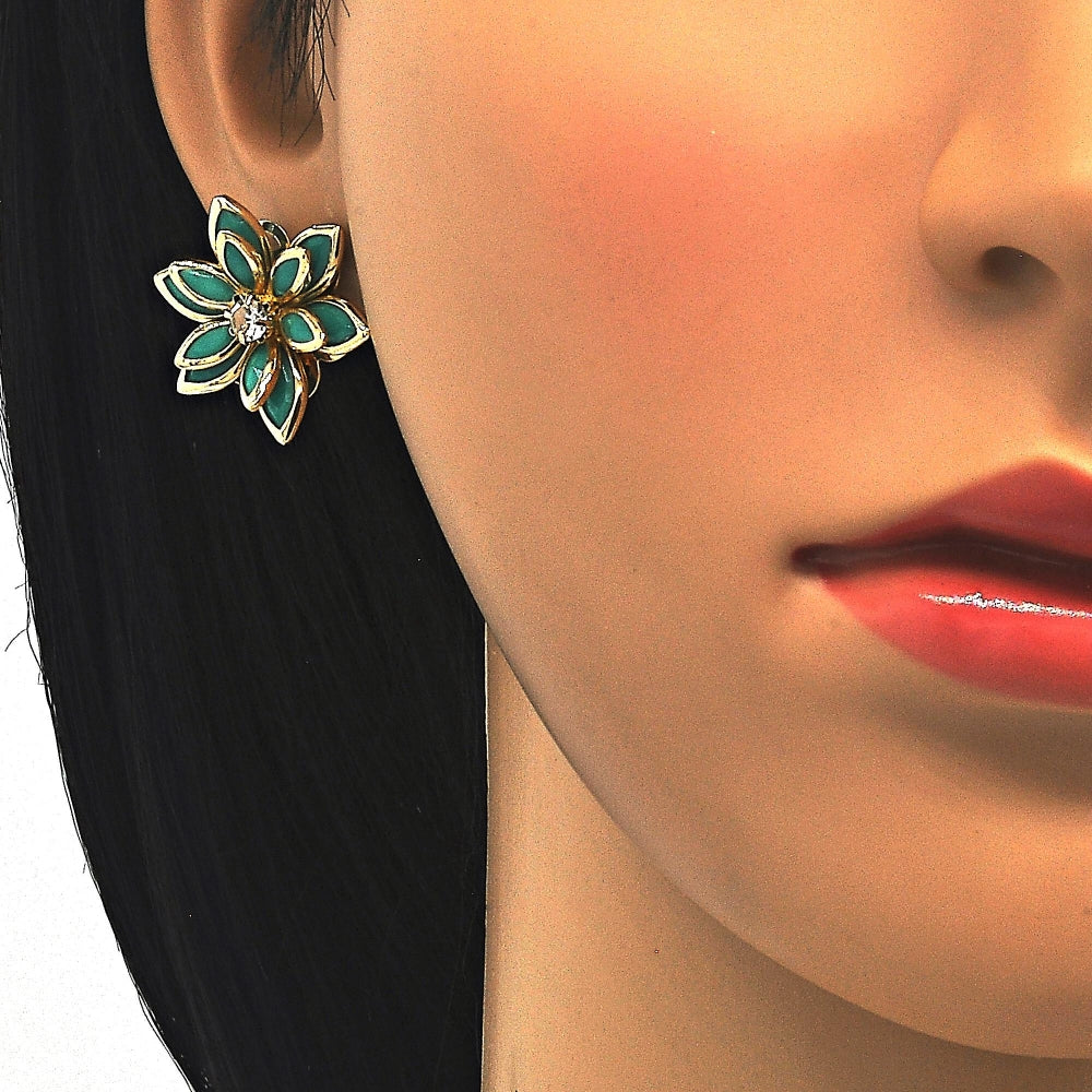 Oro Laminado Earring and Pendant Adult Set, Gold Filled Style Flower Design, with Turquoise and White Crystal, Polished, Golden Finish