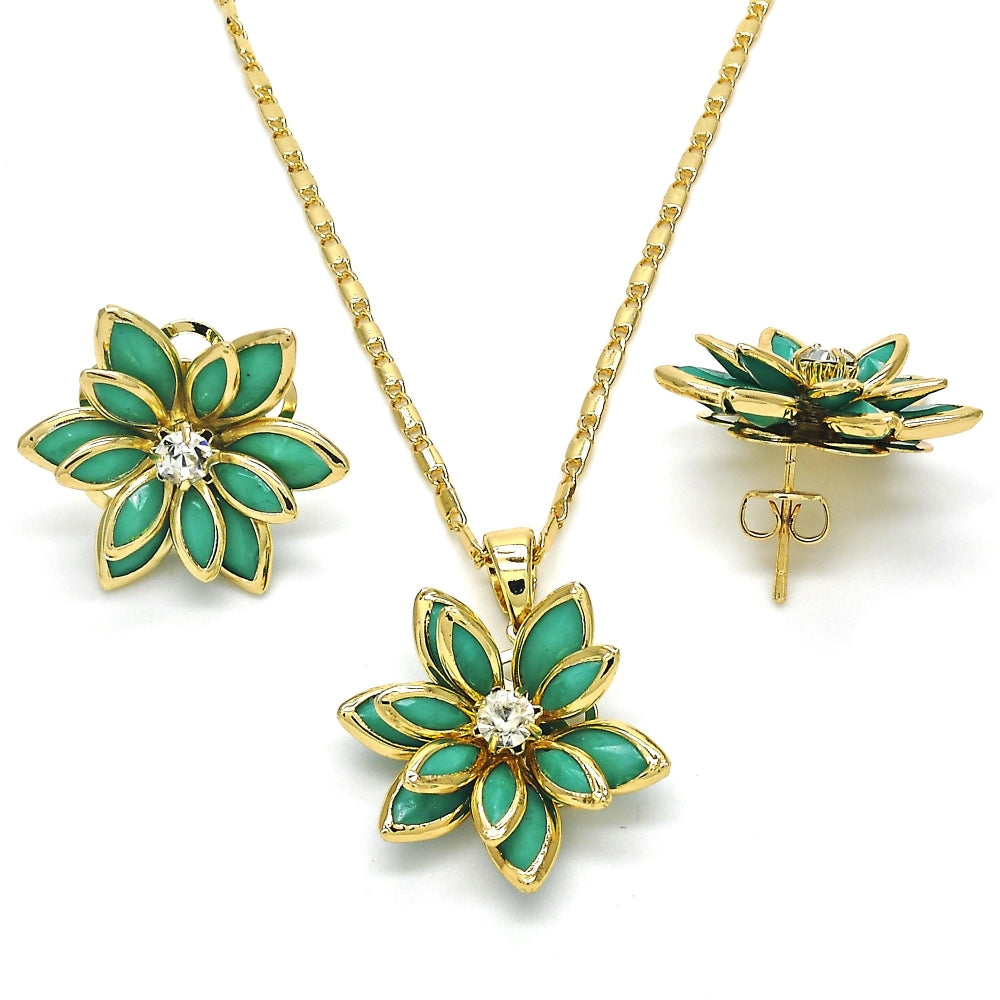 Oro Laminado Earring and Pendant Adult Set, Gold Filled Style Flower Design, with Turquoise and White Crystal, Polished, Golden Finish