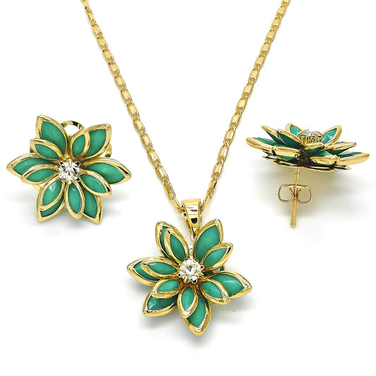 Oro Laminado Earring and Pendant Adult Set, Gold Filled Style Flower Design, with Turquoise and White Crystal, Polished, Golden Finish