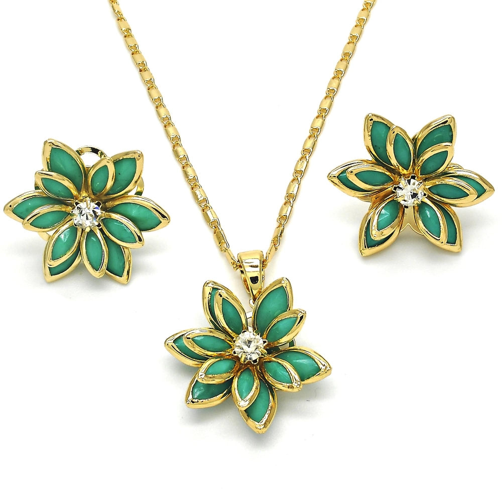 Oro Laminado Earring and Pendant Adult Set, Gold Filled Style Flower Design, with Turquoise and White Crystal, Polished, Golden Finish