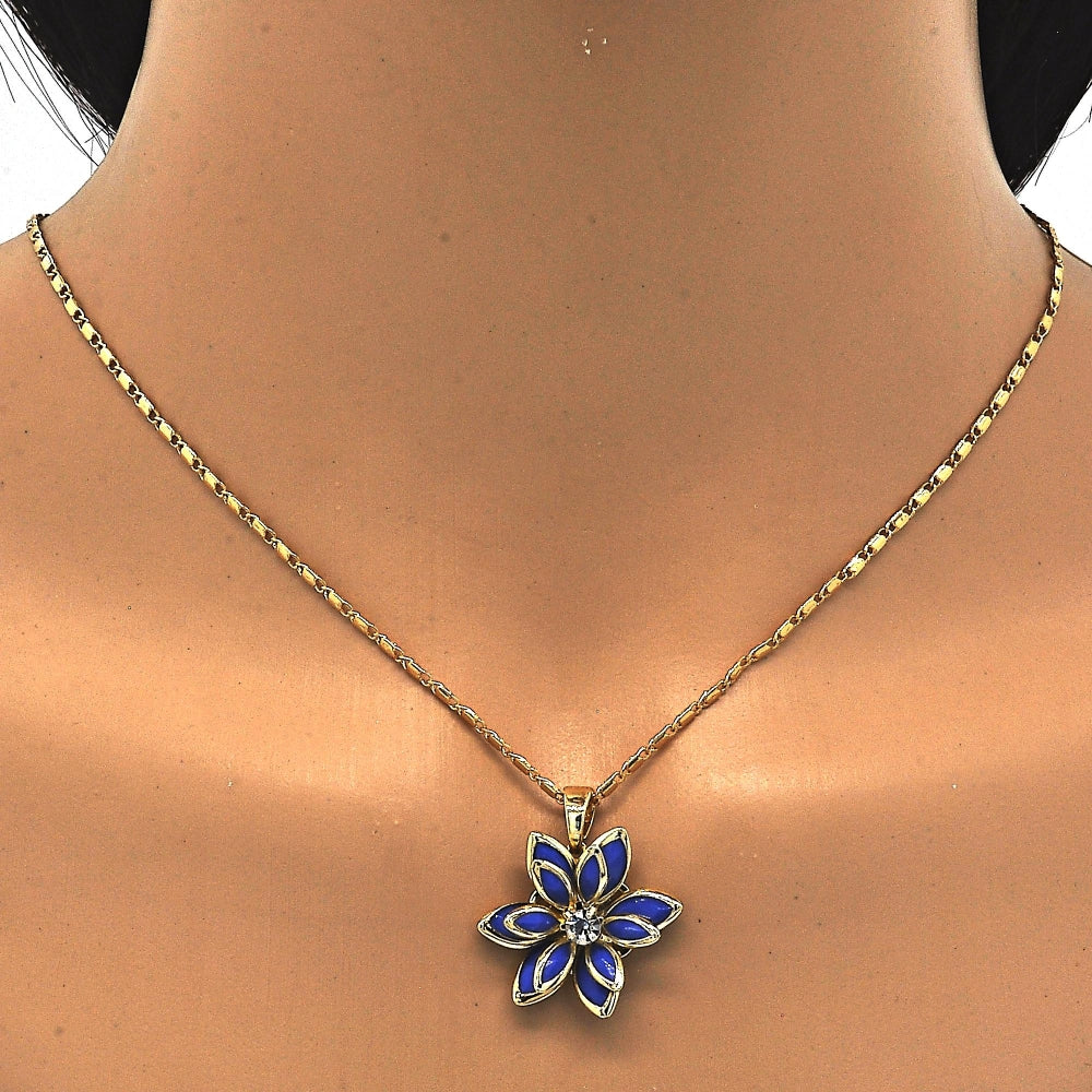 Oro Laminado Earring and Pendant Adult Set, Gold Filled Style Flower Design, with Sapphire Blue and White Crystal, Polished, Golden Finish