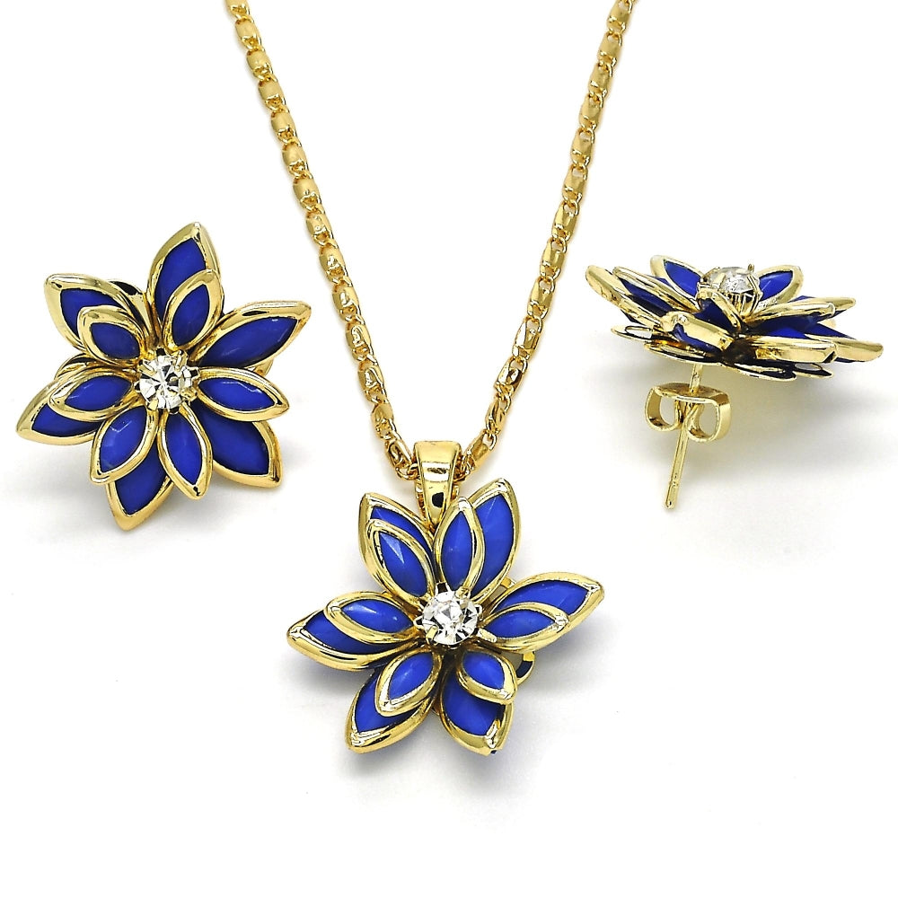 Oro Laminado Earring and Pendant Adult Set, Gold Filled Style Flower Design, with Sapphire Blue and White Crystal, Polished, Golden Finish