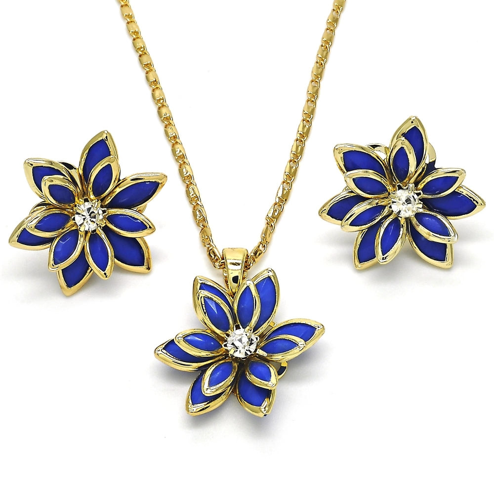 Oro Laminado Earring and Pendant Adult Set, Gold Filled Style Flower Design, with Sapphire Blue and White Crystal, Polished, Golden Finish