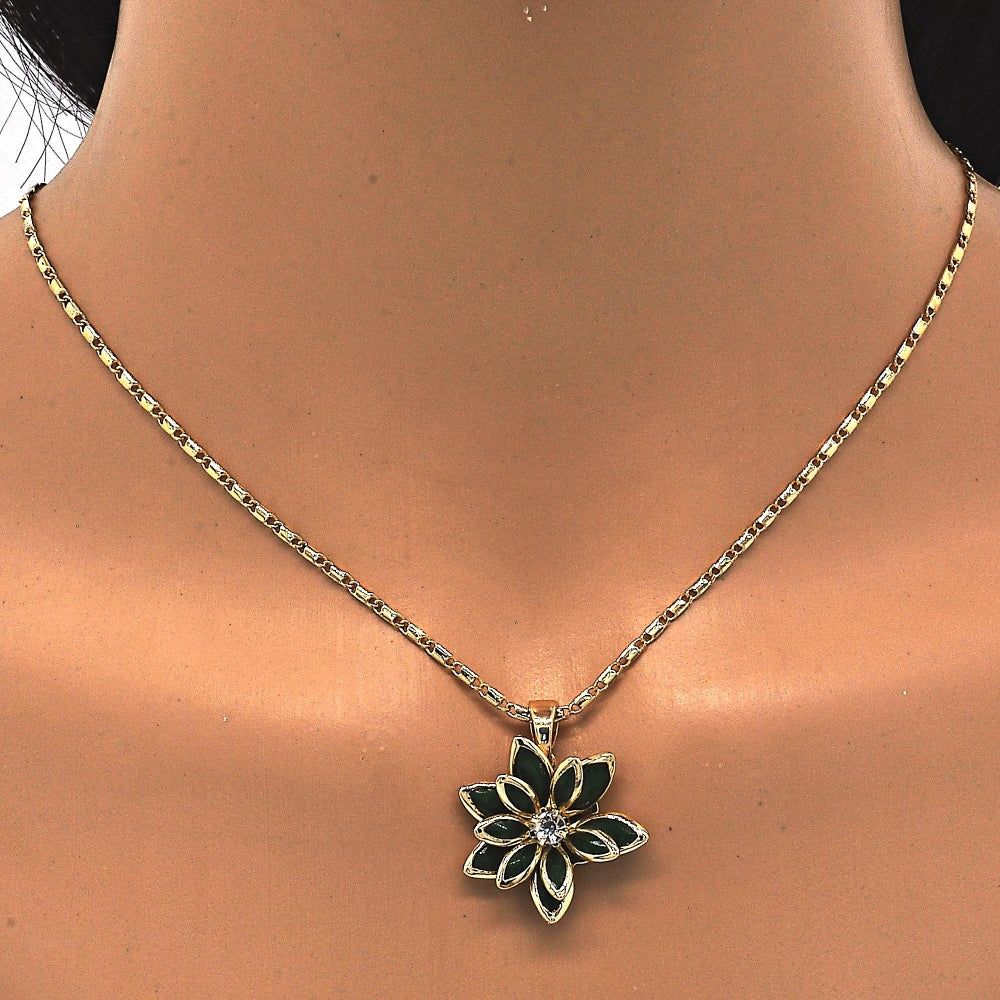 Oro Laminado Earring and Pendant Adult Set, Gold Filled Style Flower Design, with Green and White Crystal, Polished, Golden Finish