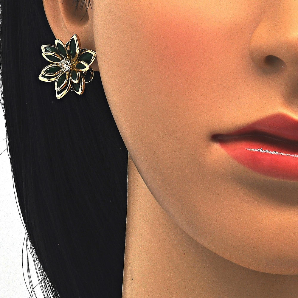 Oro Laminado Earring and Pendant Adult Set, Gold Filled Style Flower Design, with Green and White Crystal, Polished, Golden Finish