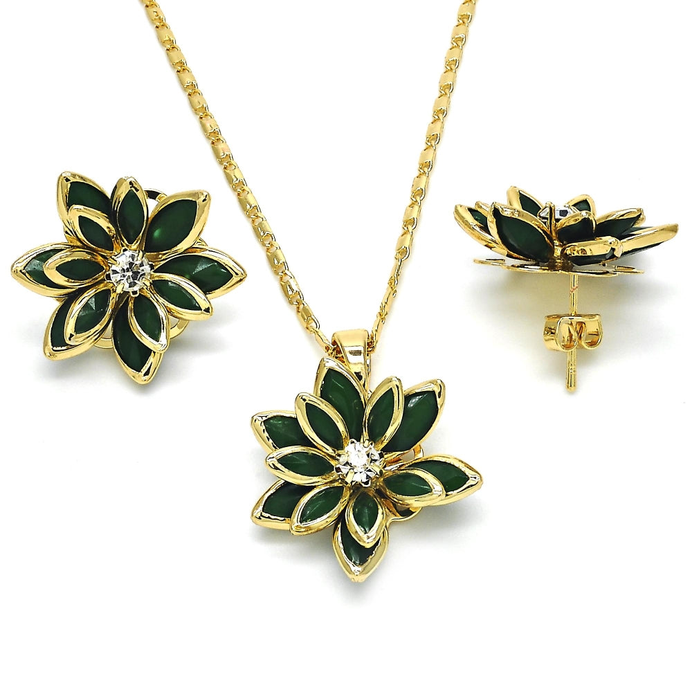 Oro Laminado Earring and Pendant Adult Set, Gold Filled Style Flower Design, with Green and White Crystal, Polished, Golden Finish