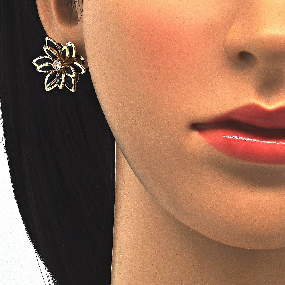 Oro Laminado Earring and Pendant Adult Set, Gold Filled Style Flower Design, with Black and White Crystal, Polished, Golden Finish