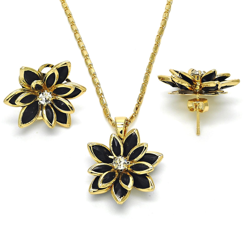 Oro Laminado Earring and Pendant Adult Set, Gold Filled Style Flower Design, with Black and White Crystal, Polished, Golden Finish