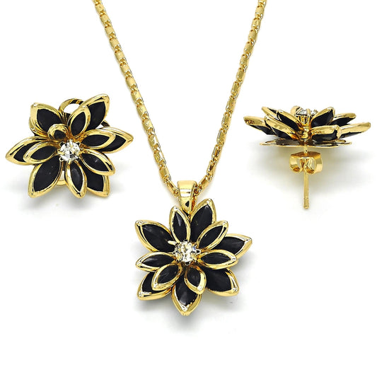 Oro Laminado Earring and Pendant Adult Set, Gold Filled Style Flower Design, with Black and White Crystal, Polished, Golden Finish