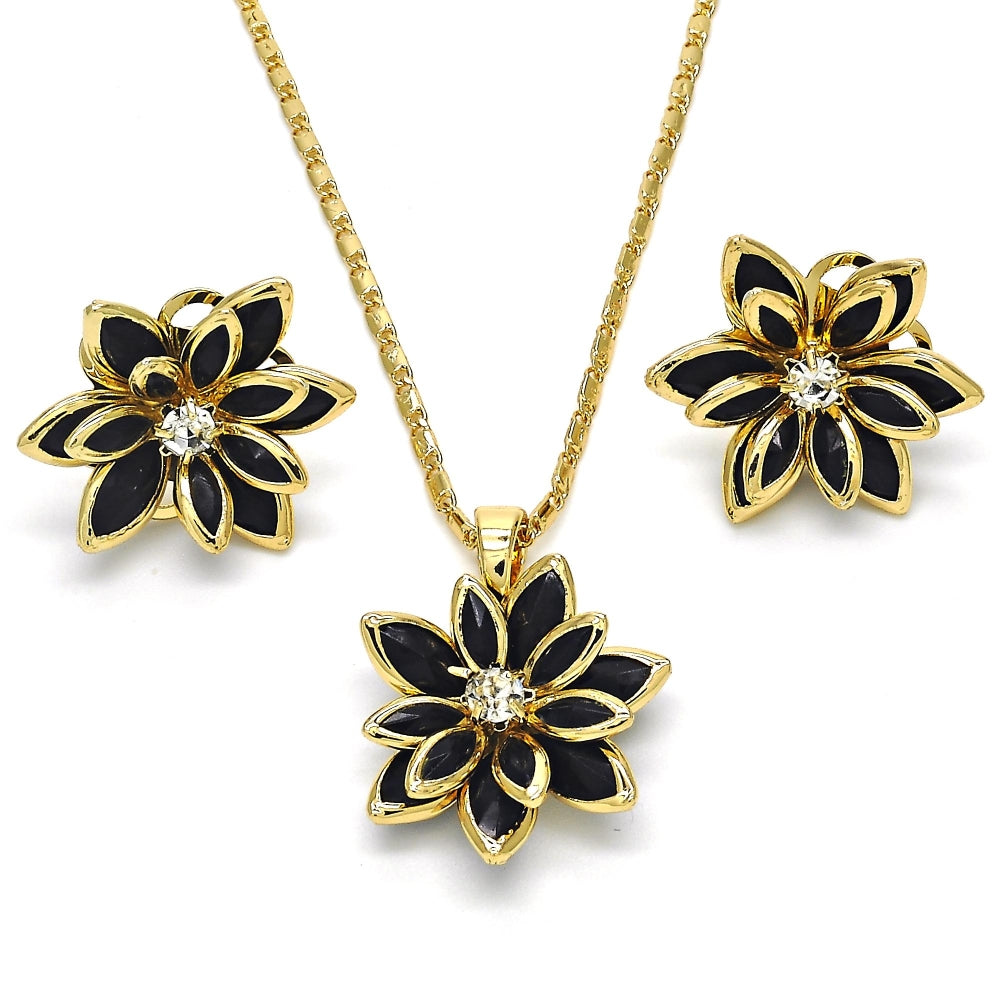 Oro Laminado Earring and Pendant Adult Set, Gold Filled Style Flower Design, with Black and White Crystal, Polished, Golden Finish