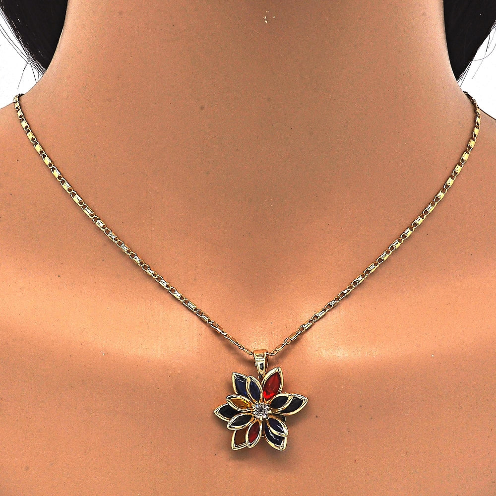 Oro Laminado Earring and Pendant Adult Set, Gold Filled Style Flower Design, with Multicolor Crystal, Polished, Golden Finish