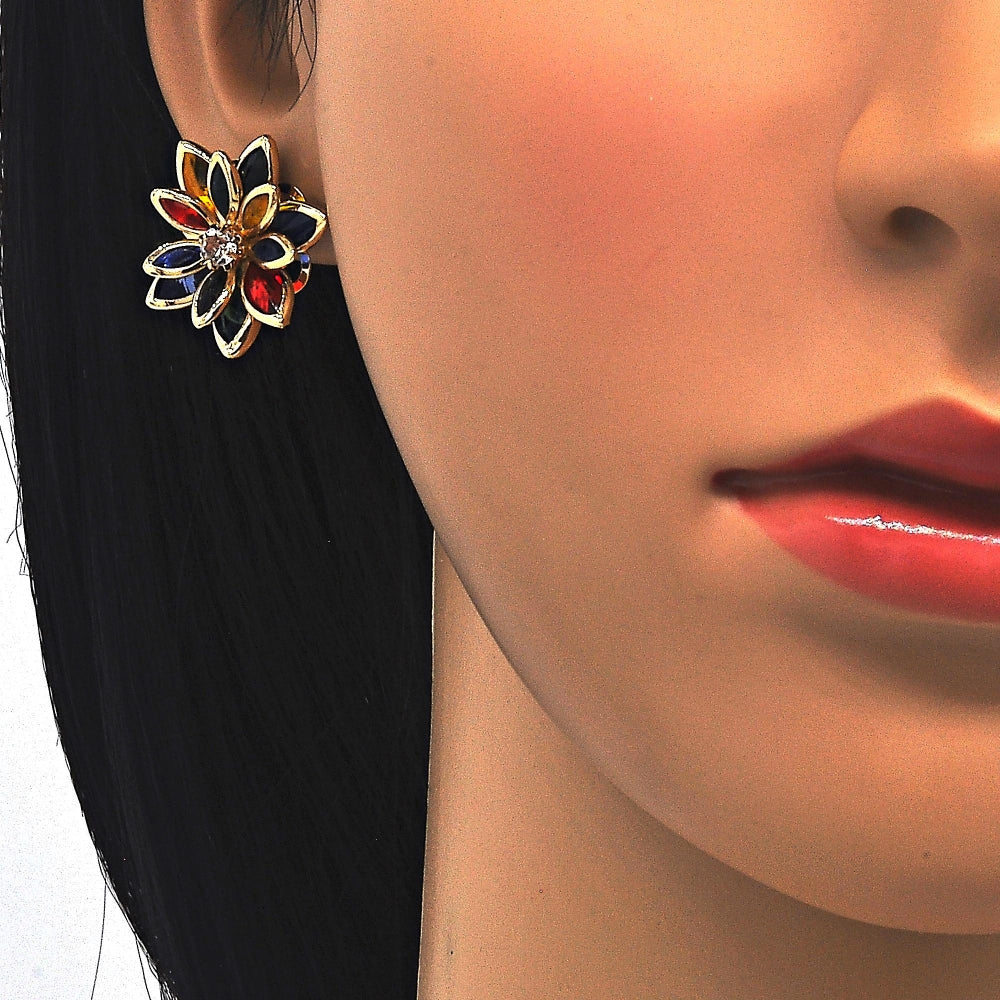 Oro Laminado Earring and Pendant Adult Set, Gold Filled Style Flower Design, with Multicolor Crystal, Polished, Golden Finish