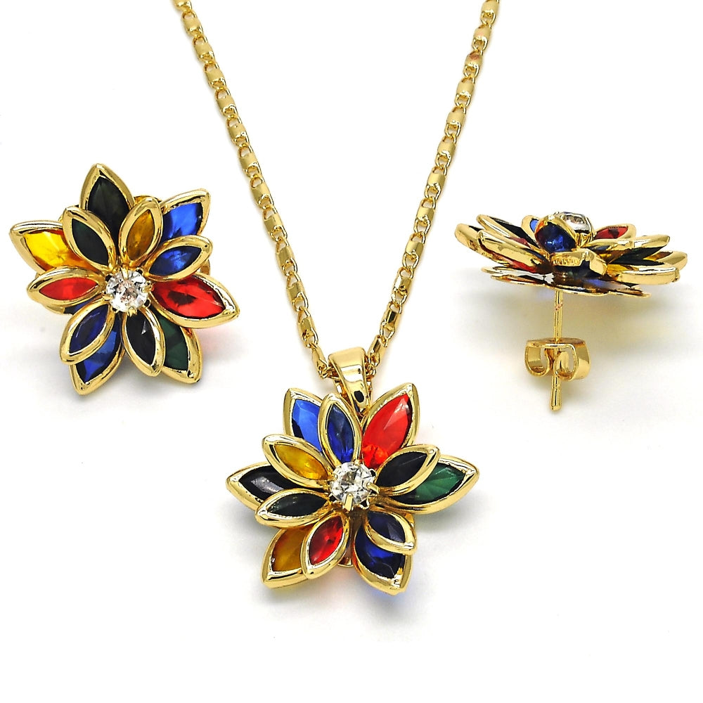 Oro Laminado Earring and Pendant Adult Set, Gold Filled Style Flower Design, with Multicolor Crystal, Polished, Golden Finish