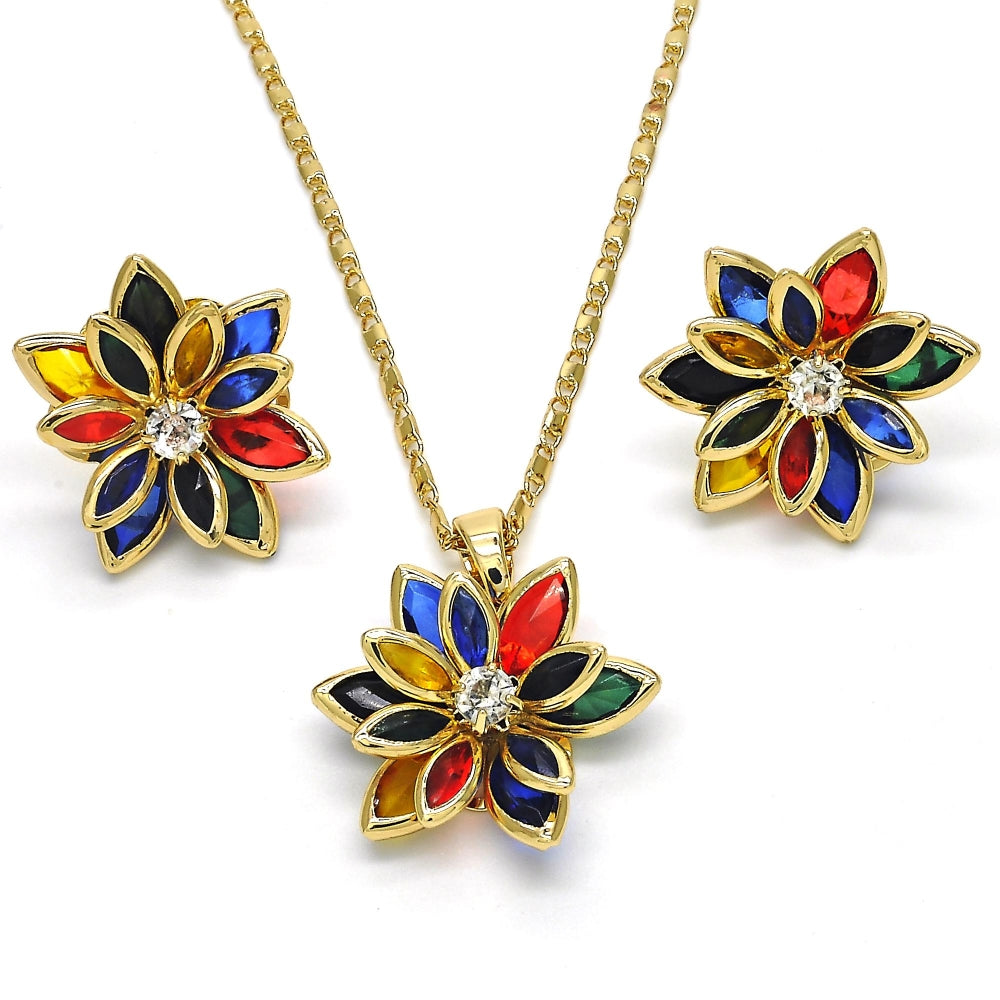 Oro Laminado Earring and Pendant Adult Set, Gold Filled Style Flower Design, with Multicolor Crystal, Polished, Golden Finish