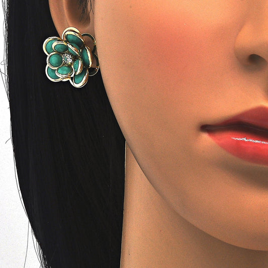 Oro Laminado Earring and Pendant Adult Set, Gold Filled Style Flower Design, with Turquoise and White Crystal, Polished, Golden Finish