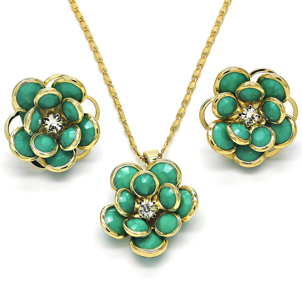 Oro Laminado Earring and Pendant Adult Set, Gold Filled Style Flower Design, with Turquoise and White Crystal, Polished, Golden Finish