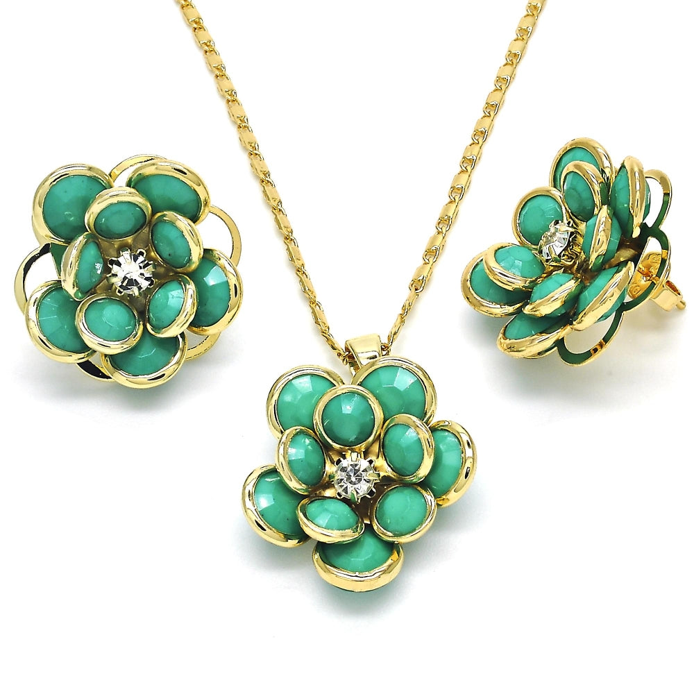 Oro Laminado Earring and Pendant Adult Set, Gold Filled Style Flower Design, with Turquoise and White Crystal, Polished, Golden Finish