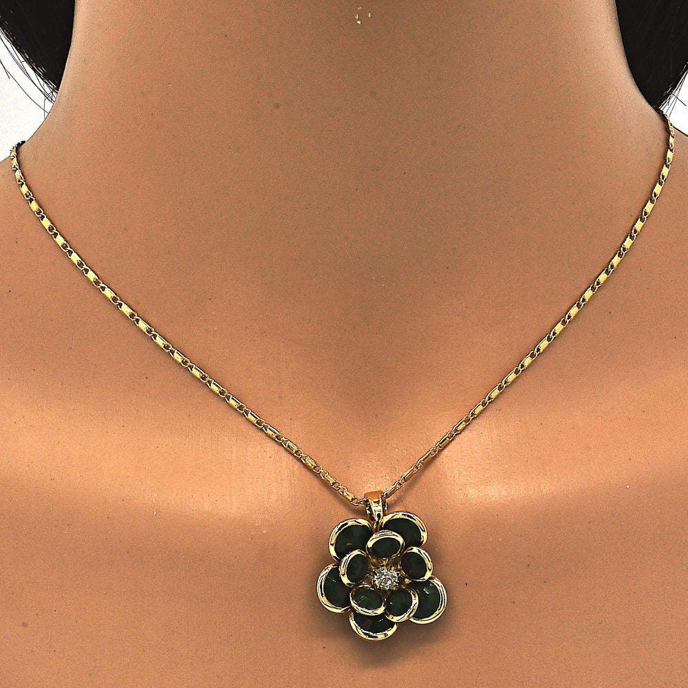Oro Laminado Earring and Pendant Adult Set, Gold Filled Style Flower Design, with Green and White Crystal, Polished, Golden Finish